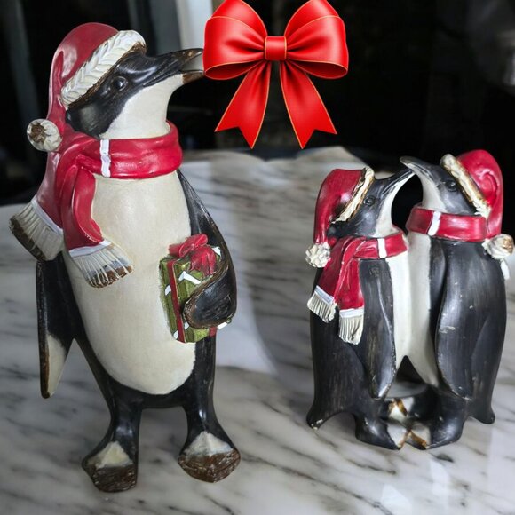 CHRISTMAS PENGUINS Vintage 2Pc. with Santa Hats Presents and Kissing - Picture 1 of 6